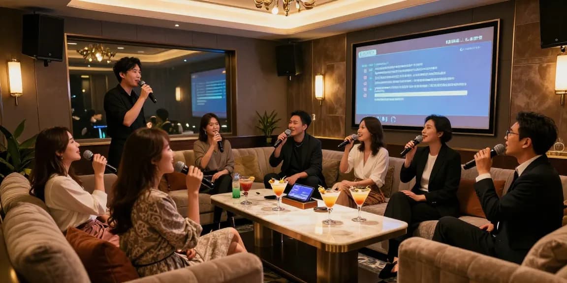 강남쩜오의 프리미엄 가라오케 라운지에서 손님들이 즐거운 시간을 보내고 있는 모습, gugudanlounge.com/에 적합한 고급스러운 분위기