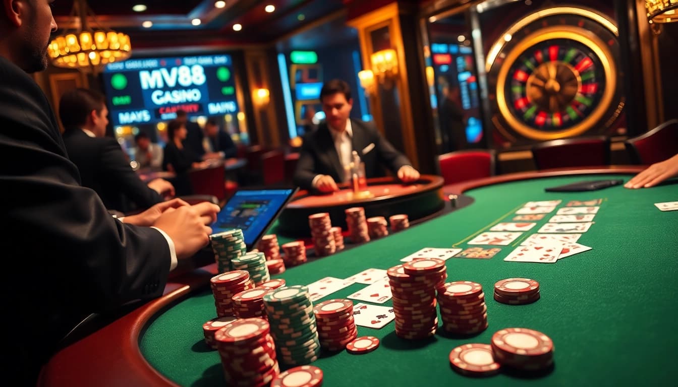 High-stakes game at MV88 casino, showcasing poker table and roulette wheel excitement.