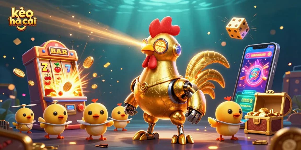 Engage in kèo nhà cái with a vibrant illustration of a futuristic rooster robot surrounded by a jackpot chaos.