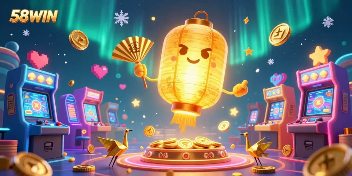 Engage with exciting games at 58WIN's vibrant casino scene filled with animated characters and arcade machines.