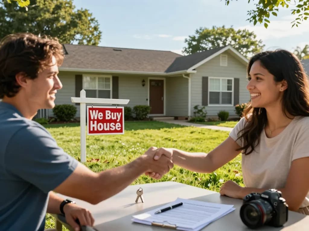 We buy houses deal between buyer and seller in front of a home.