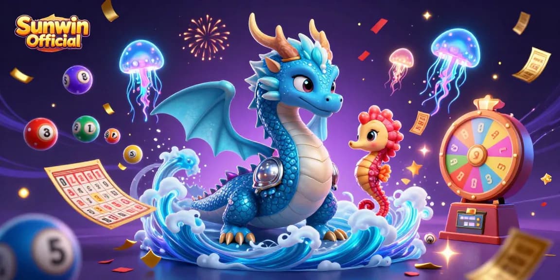 Experience thrilling moments with Sunwin Official as the azure dragon and seahorse knight engage in colorful casino games.