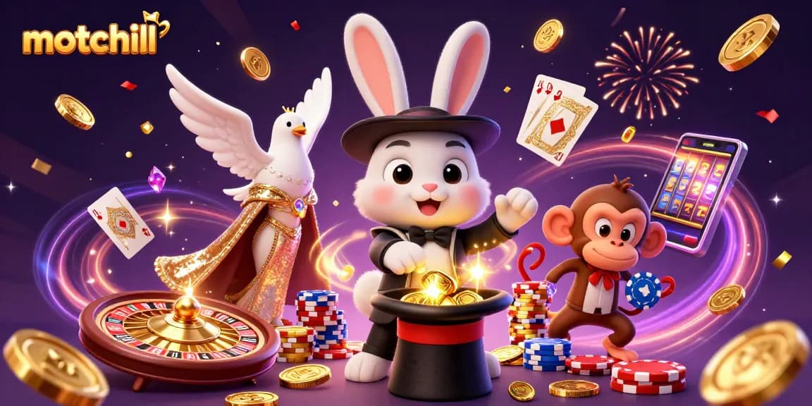 Engage with motchill's thrilling gambling scene featuring a magician, a dove, and a monkey in a vibrant casino.