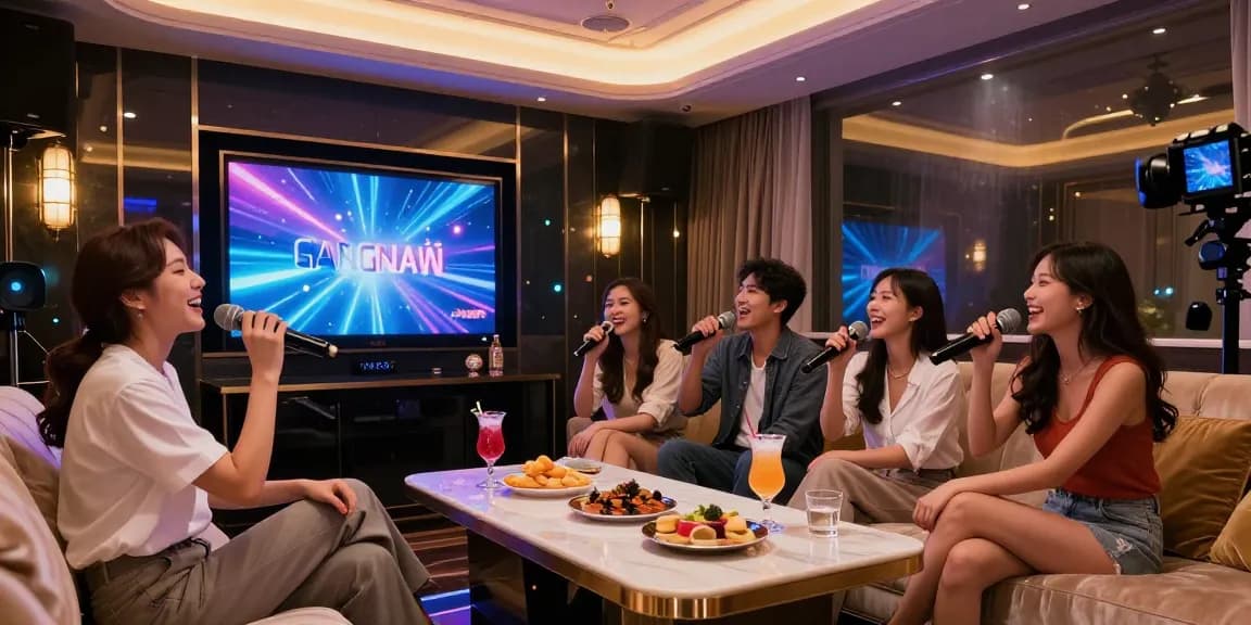 강남 가라오케에서 즐거운 시간을 보내는 모습, 고급스러운 인테리어와 조명이 강조됨