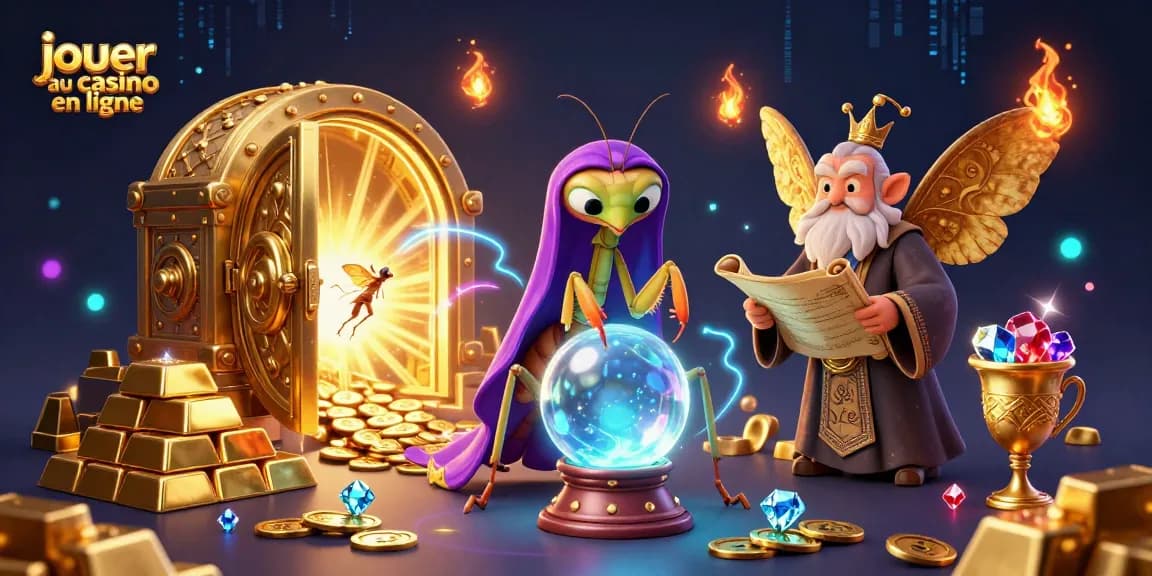 Jouer au casino en ligne avec une illustration magique de personnages et de trésors scintillants