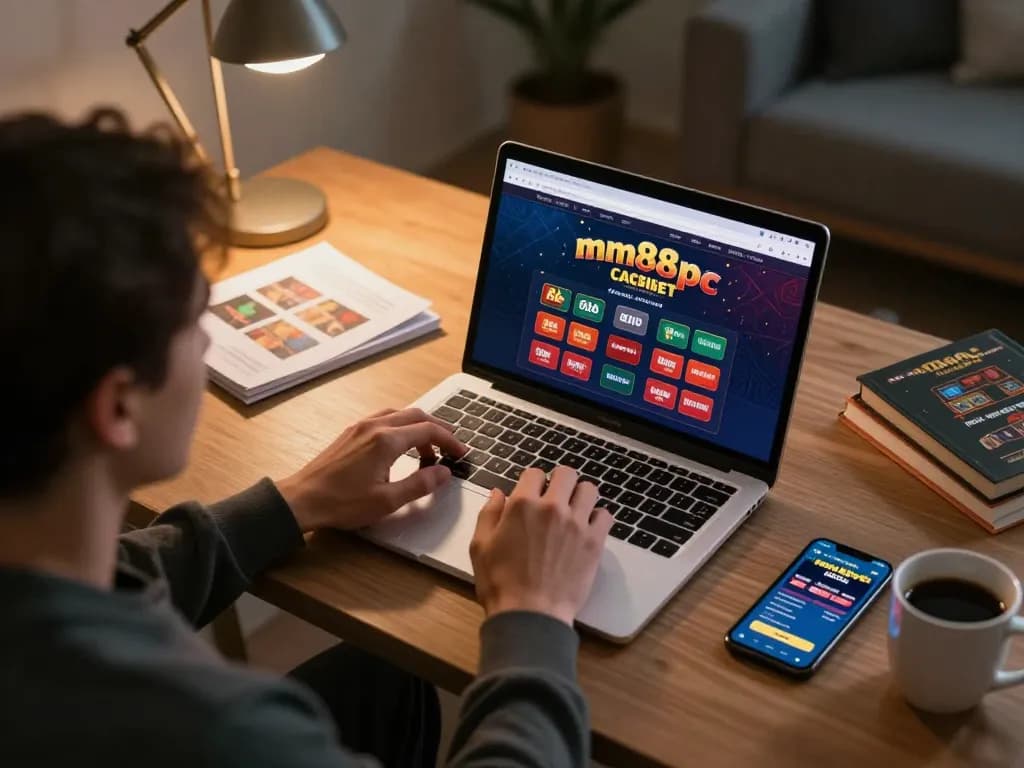 Player engaging with mm88pc online slots interface at home, celebrating a winning moment.