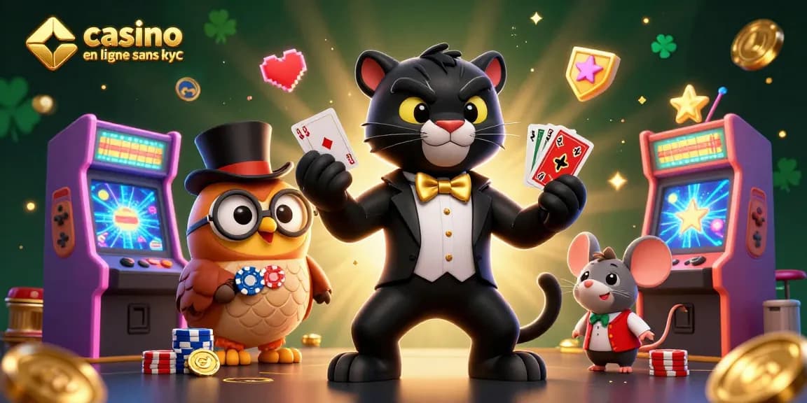 Casino en ligne sans KYC : un panthère élégante distribue des cartes entourée d'éléments de jeux colorés.