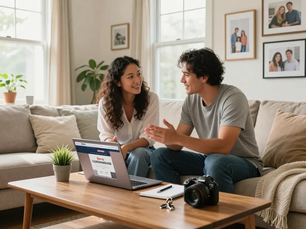 Couple planning to sell my house today, discussing options with laptop in cozy living room.