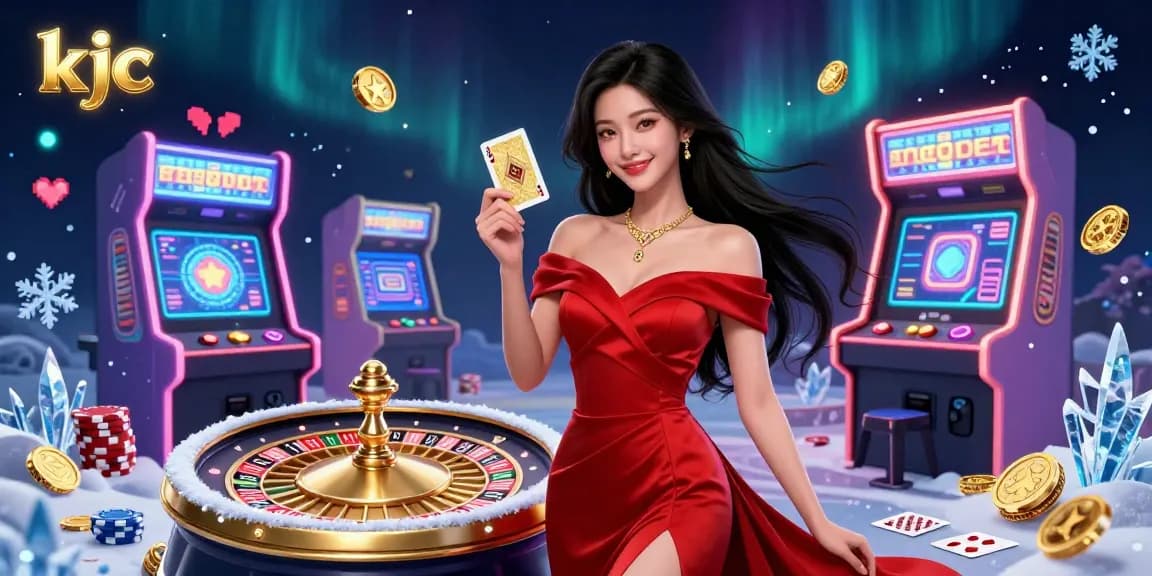 KJC casino scene with a beautiful young Asian woman elegantly holding a playing card beside a roulette wheel amid vibrant gaming elements.