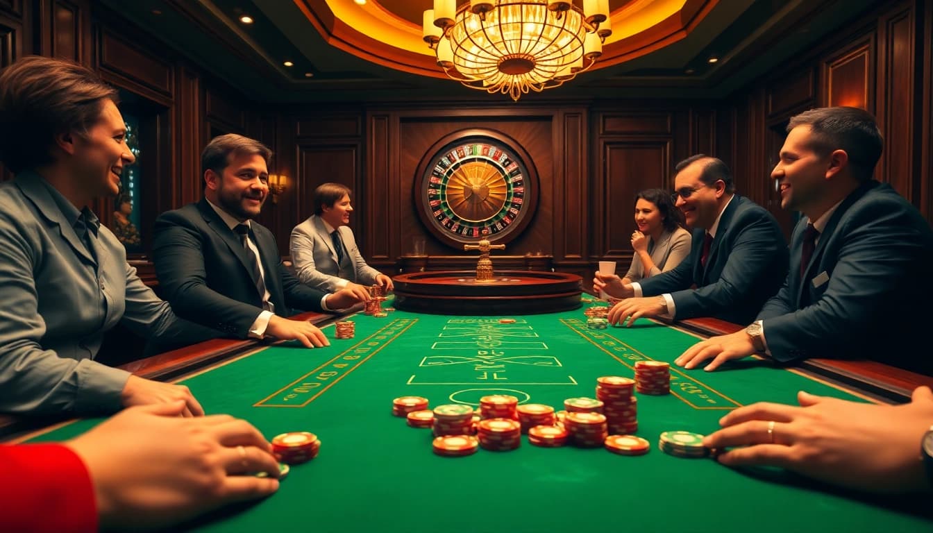 Experience vibrant casino gaming action with ทางเข้า soibet ล่าสุด featuring a high-stakes poker table and luxury atmosphere.