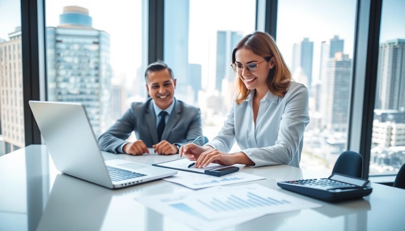 Discussing financing options with clients in a modern office setting.