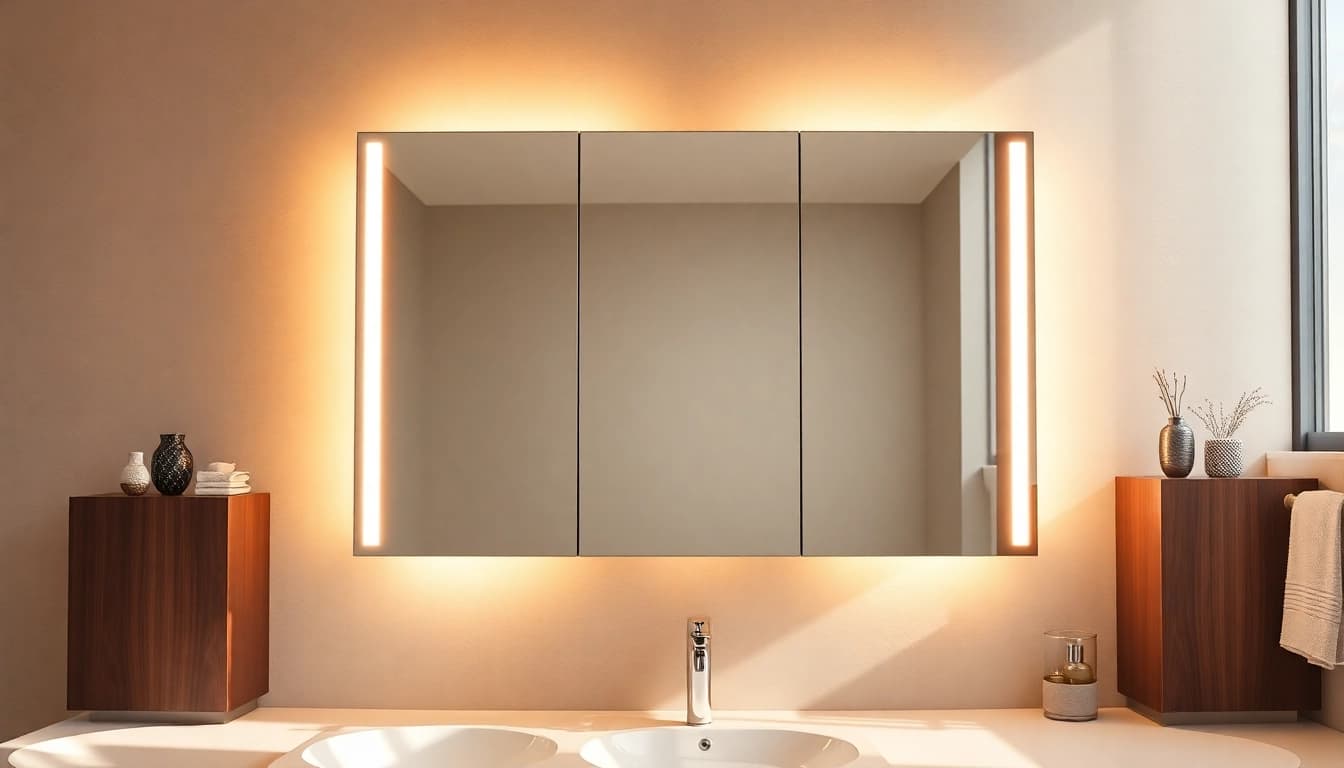 Präsentation des sonni Spiegelschrank in einem modernen Badezimmer mit stilvollem Design und LED-Beleuchtung.
