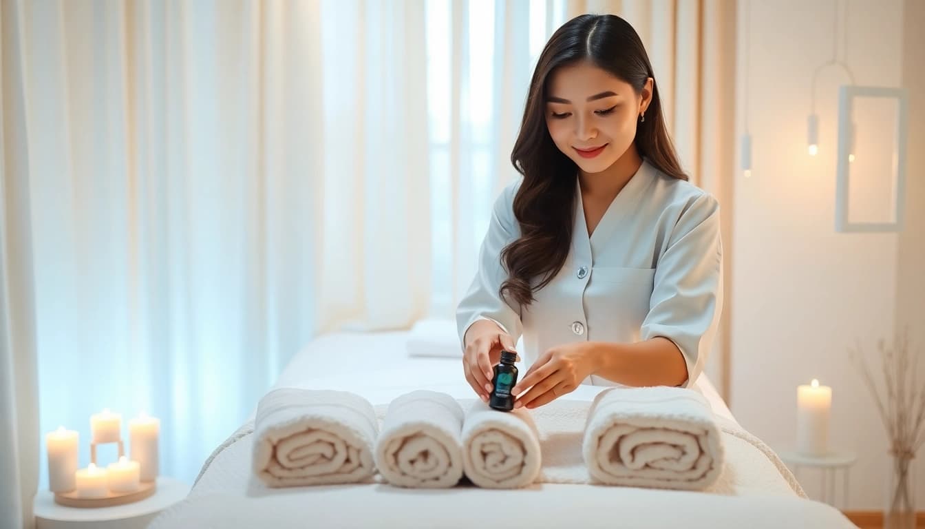 출장마사지 setup with a professional female therapist in a calming home environment.