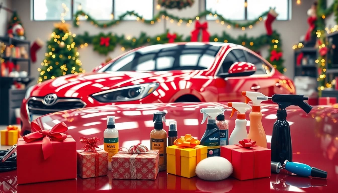 Explore Christmas car detailing gift setup featuring a polished car surrounded by festive decorations.