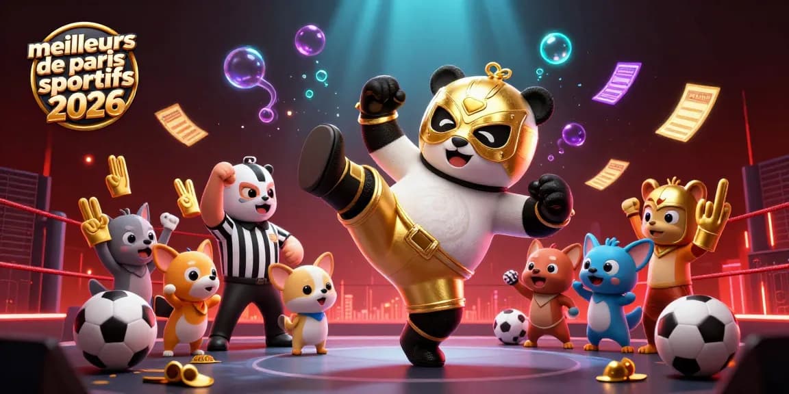 Image mettant en avant les meilleurs sites de paris sportifs 2026 avec un panda lutteur et des éléments de paris sportifs.