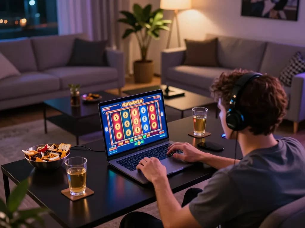 JPTOTO players engaging with exciting online slot games in a cozy home setting
