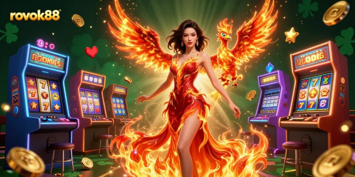 Experience immersive gaming action at rokok88 with a stunning scene of slot machines and vibrant casino elements.