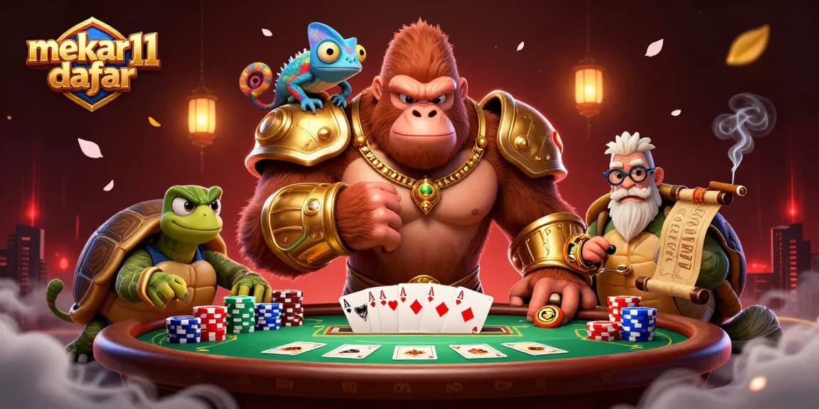 Mekar11 daftar showcases a powerful 3D gorilla king in a dynamic casino scene, exemplifying winning poker strategies.