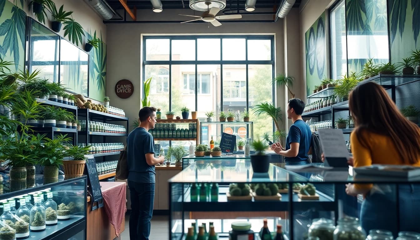 Club Cannabis Lloret de Mar pour Français, vibrant cannabis shop interior with diverse products.