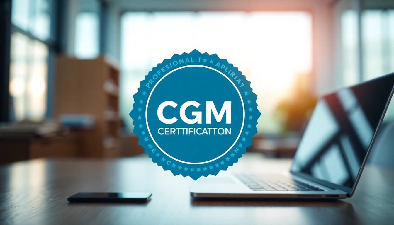 CQM certification badge prominently displayed on an office desk, symbolizing achievement.