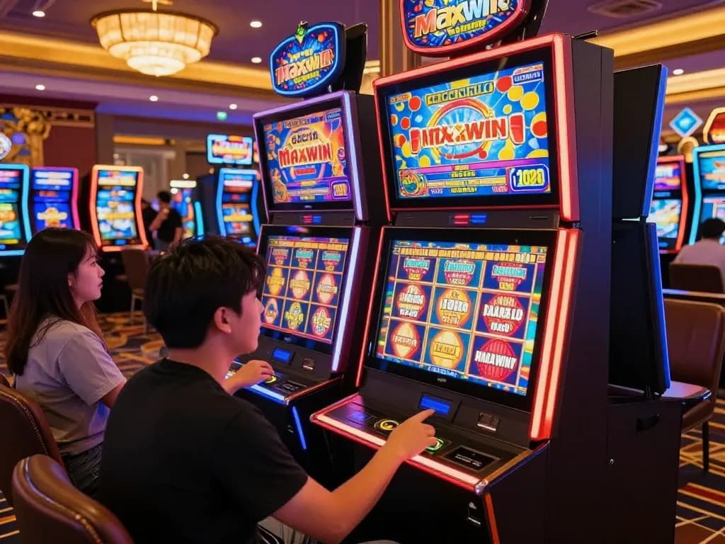 Engaged players celebrating a slot gacor maxwin jackpot at vibrant casino machines.