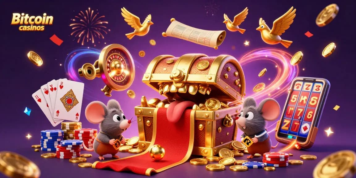Jouez sur les Bitcoin casinos avec une illustration captivante de trésors et de jeux en ligne.