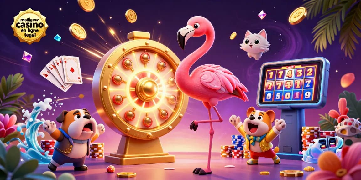 Visuel dynamique représentant le meilleur casino en ligne légal, illustrant un jeu de casino captivant avec un animateur et des prix en jeu.