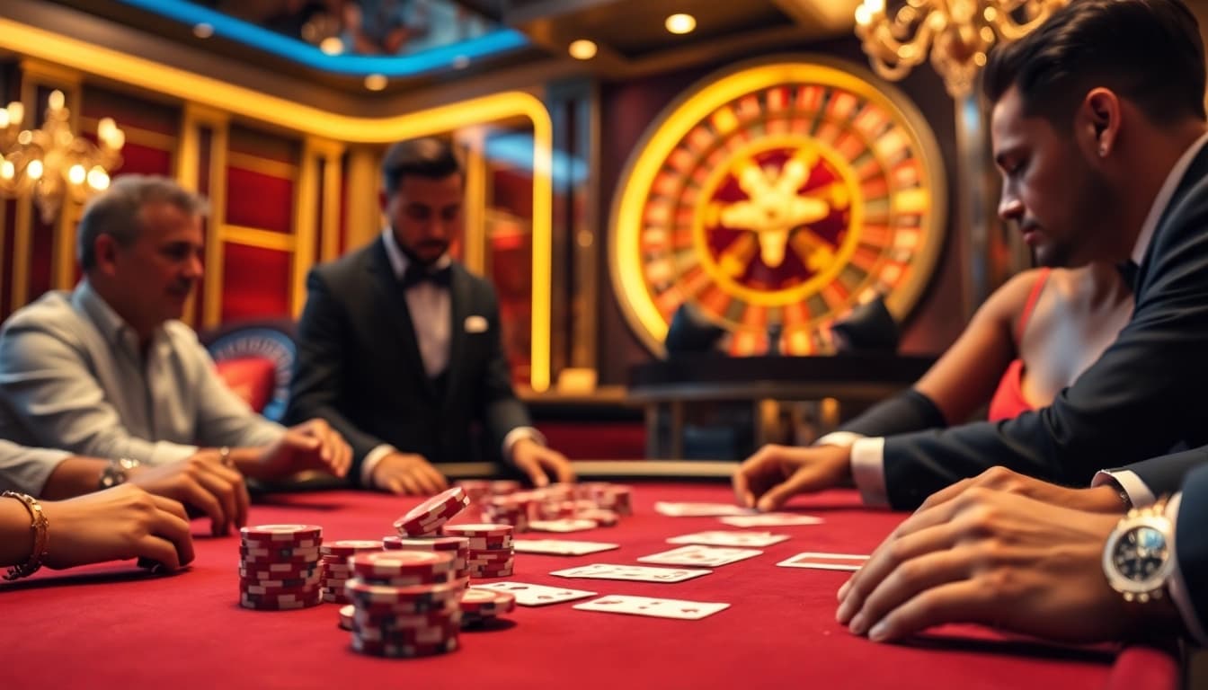 Gambling action at LUCK8 Casino, showcasing a thrilling poker game with vibrant chips and cards.