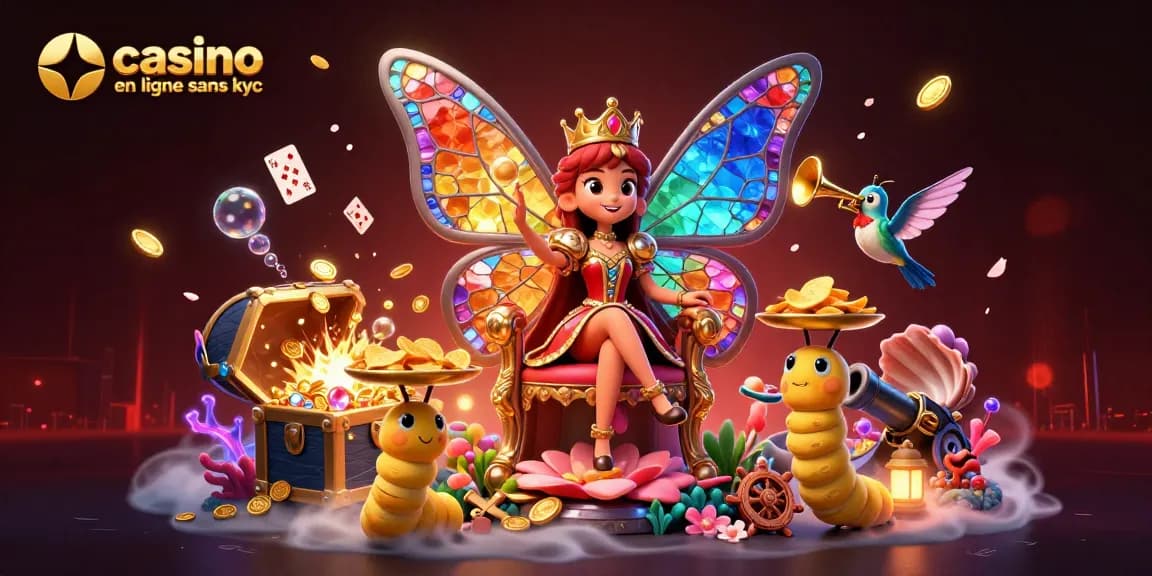 Plonger dans le monde du casino en ligne sans kyc avec une illustration féérique d'une reine papillon royale et des jeux lumineux.