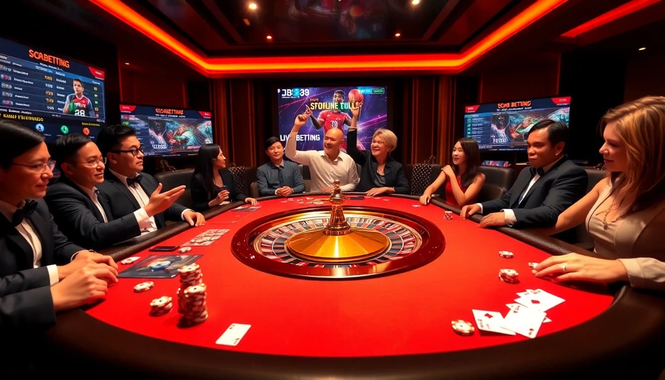 Experience the thrill of BJ38 online gambling with vibrant games, chips, and a luxury casino atmosphere.