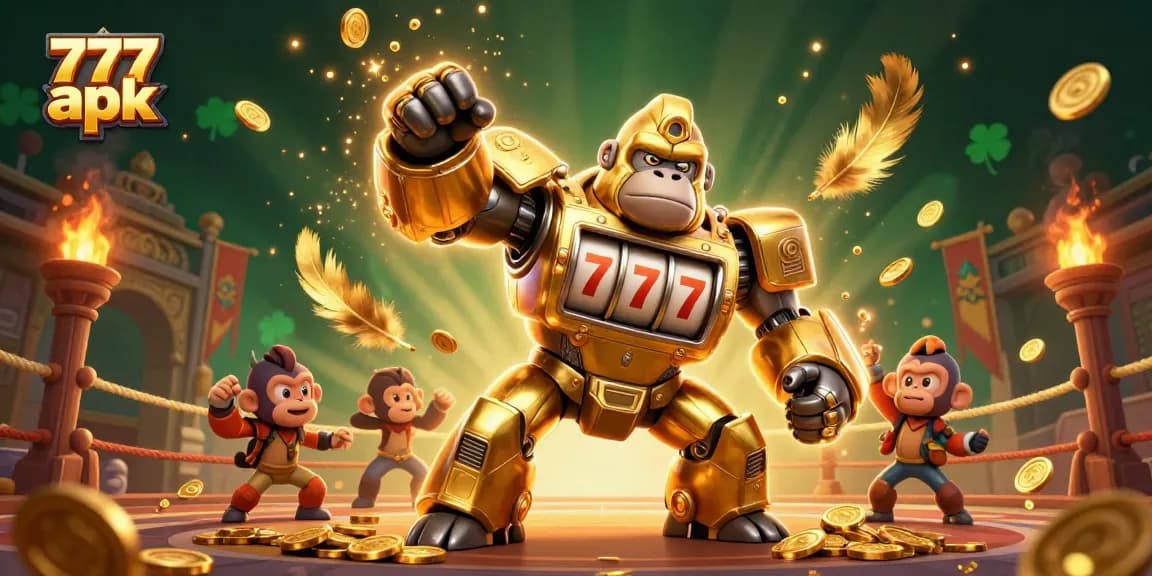 Experience the excitement of 777 apk winning strategies with dynamic visuals of a golden gorilla mech.