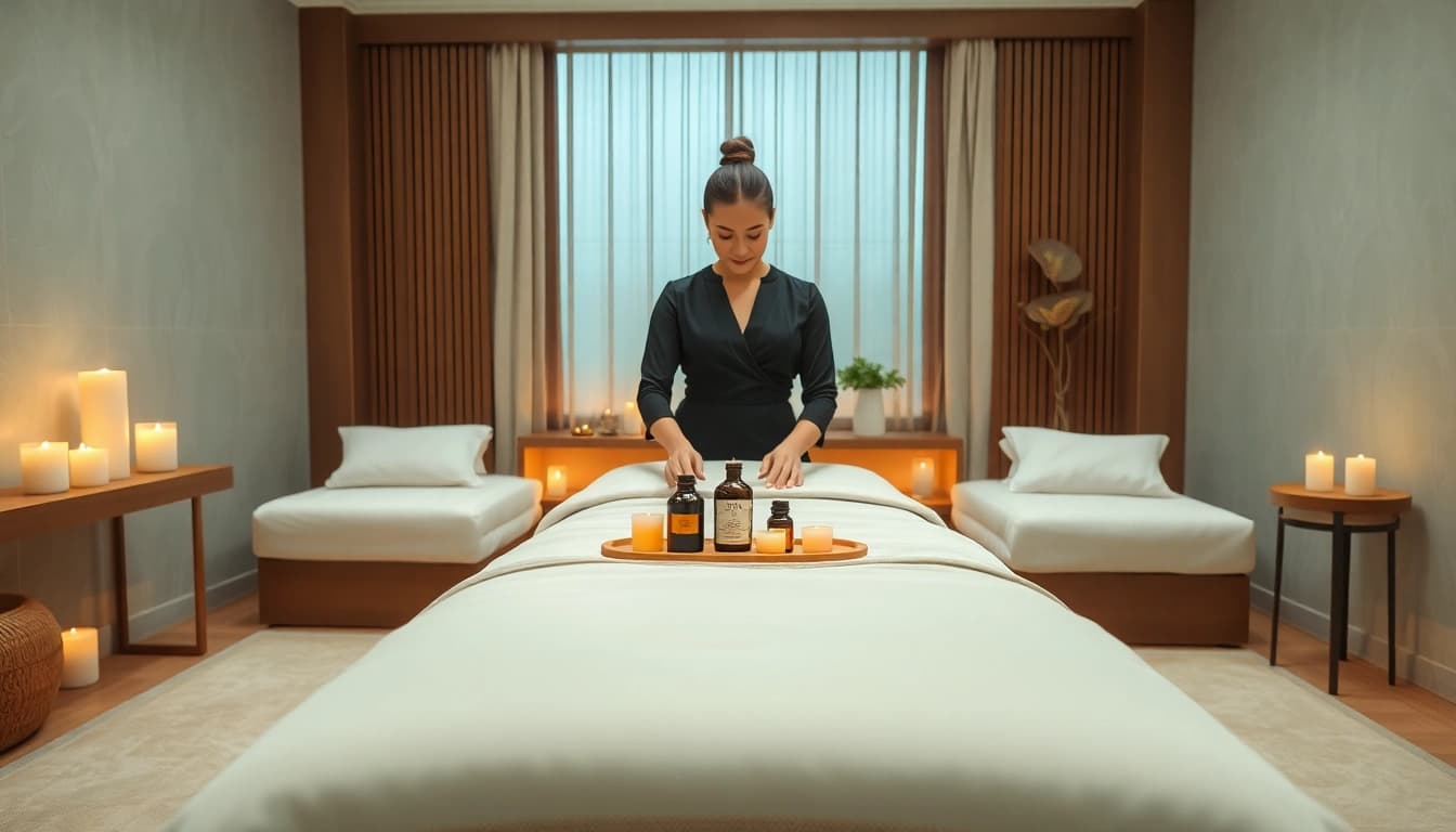 Relaxing scene of a luxurious 출장마사지 setup with a professional therapist preparing for treatment.