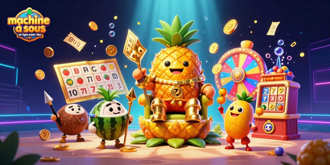 Jouez aux machines à sous en ligne argent réel avec l'image vibrante d'un roi ananas et des éléments de casino.