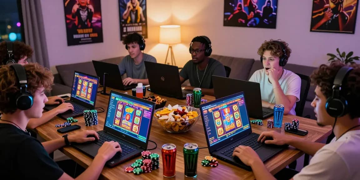 Exciting players engaging in slot deposit 5k gaming from home with colorful screens and vibrant snacks.