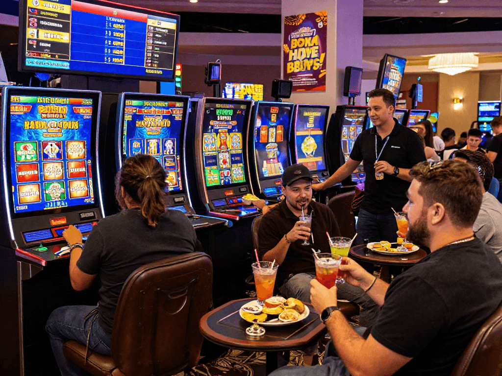 A lively casino atmosphere with players engaging about new slot sites with bonus buys, colorful game displays, and promotional offers.