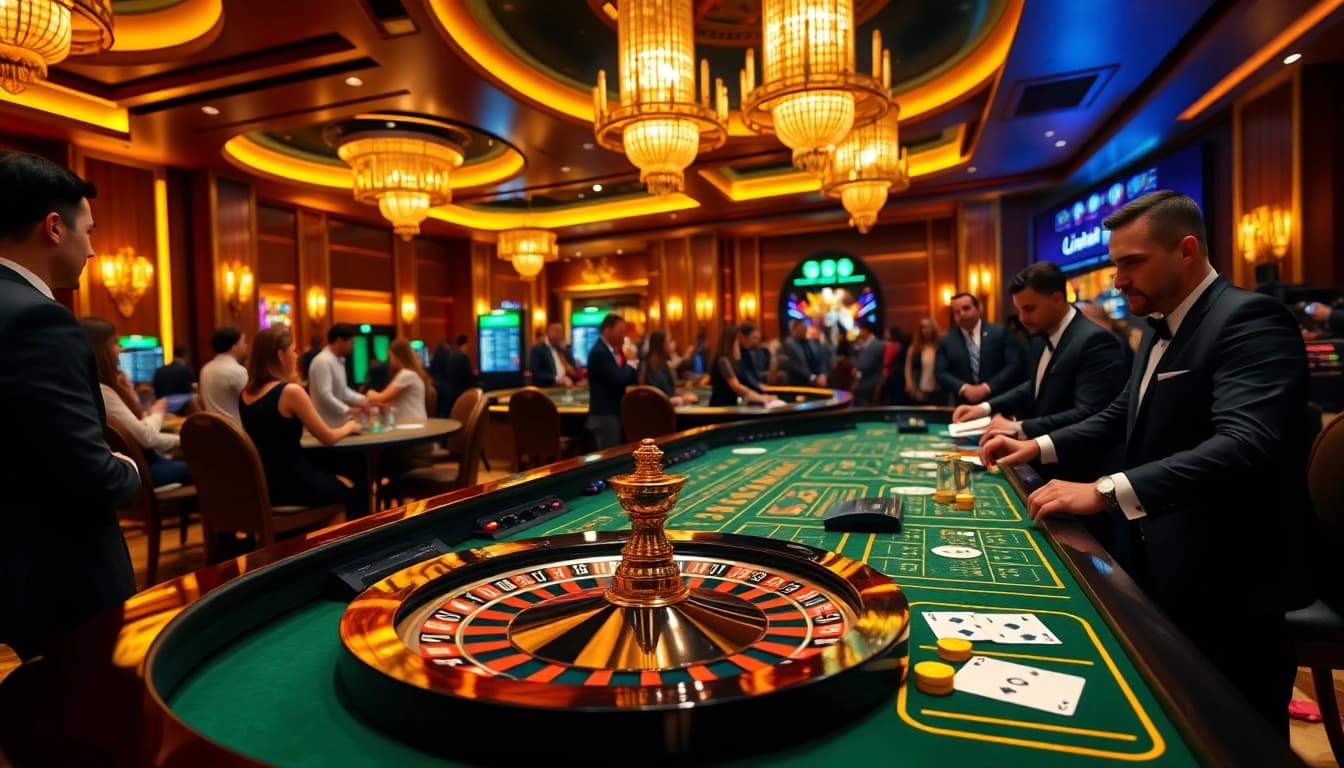 Engaging scene of BJ388 casino gambling with vibrant tables and professional dealers.