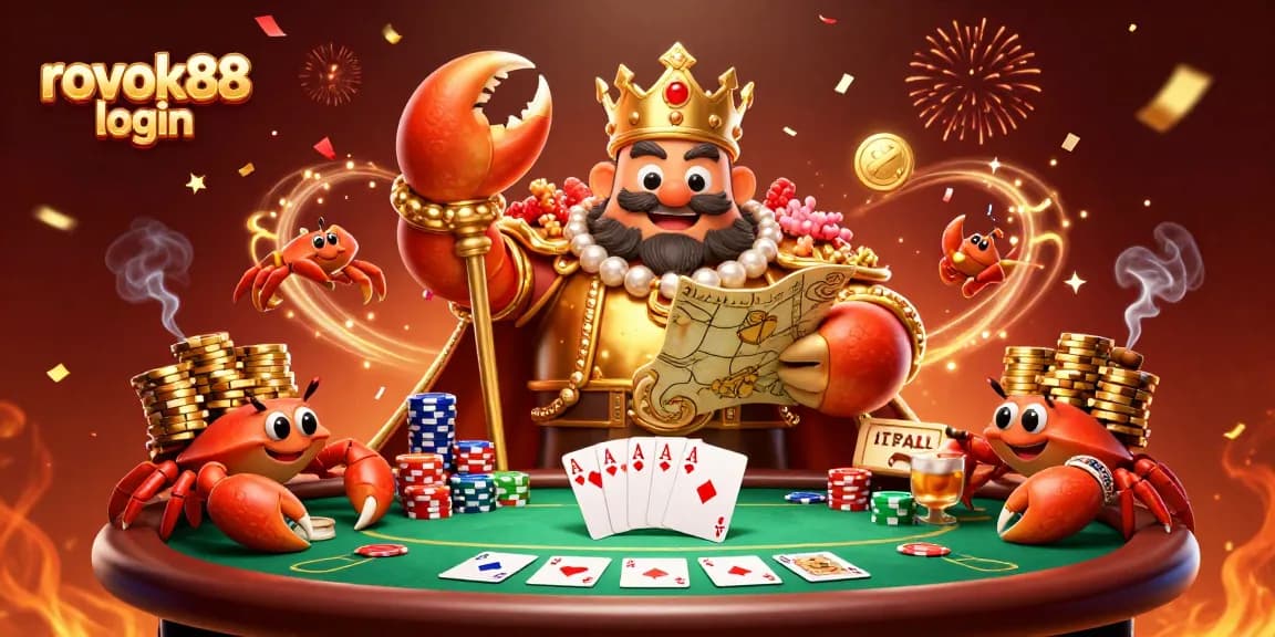 Experience rokok88 login with the golden crab emperor and lively poker elements in this vibrant illustration.