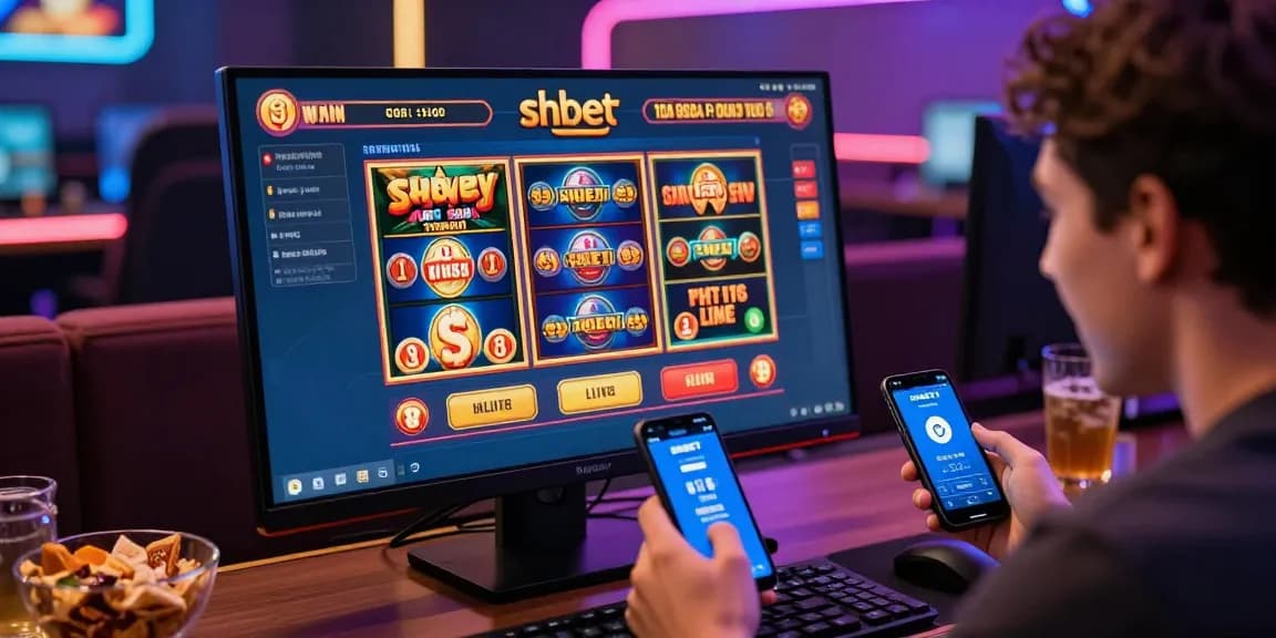 Engaged player using nhà cái shbet for online betting in a lively gaming environment.