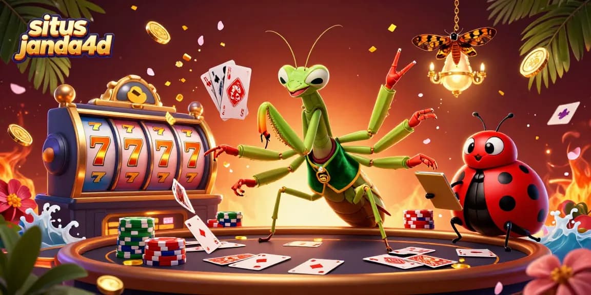 Ilustrasi kasino online situs janda4d dengan karakter unik dan elemen permainan yang dinamis.