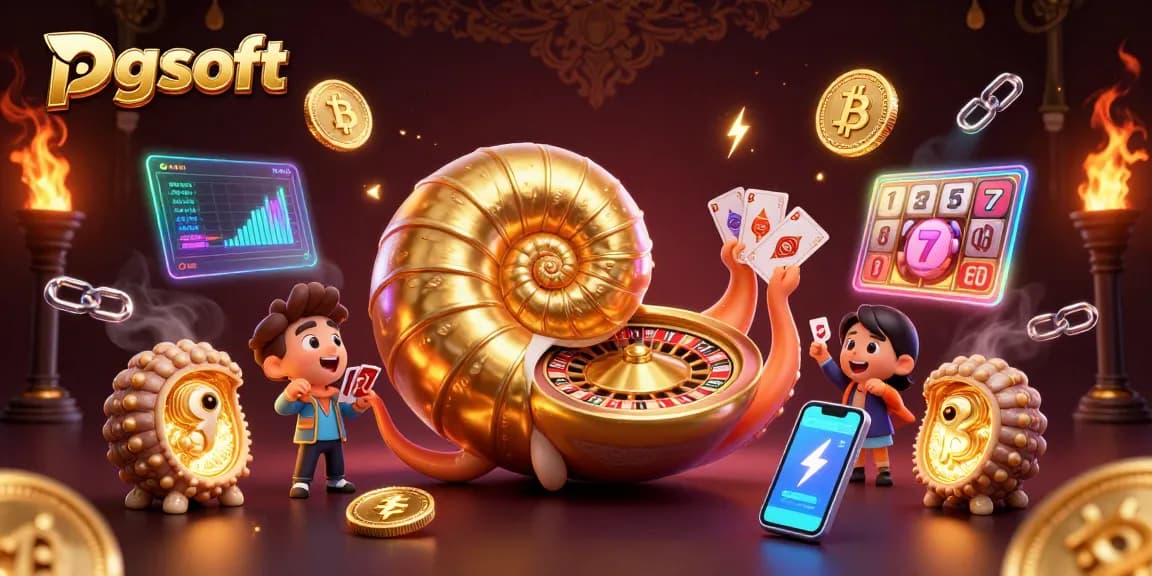 Spin and win with pg soft as the giant nautilus holds cards amidst glowing crypto coins.