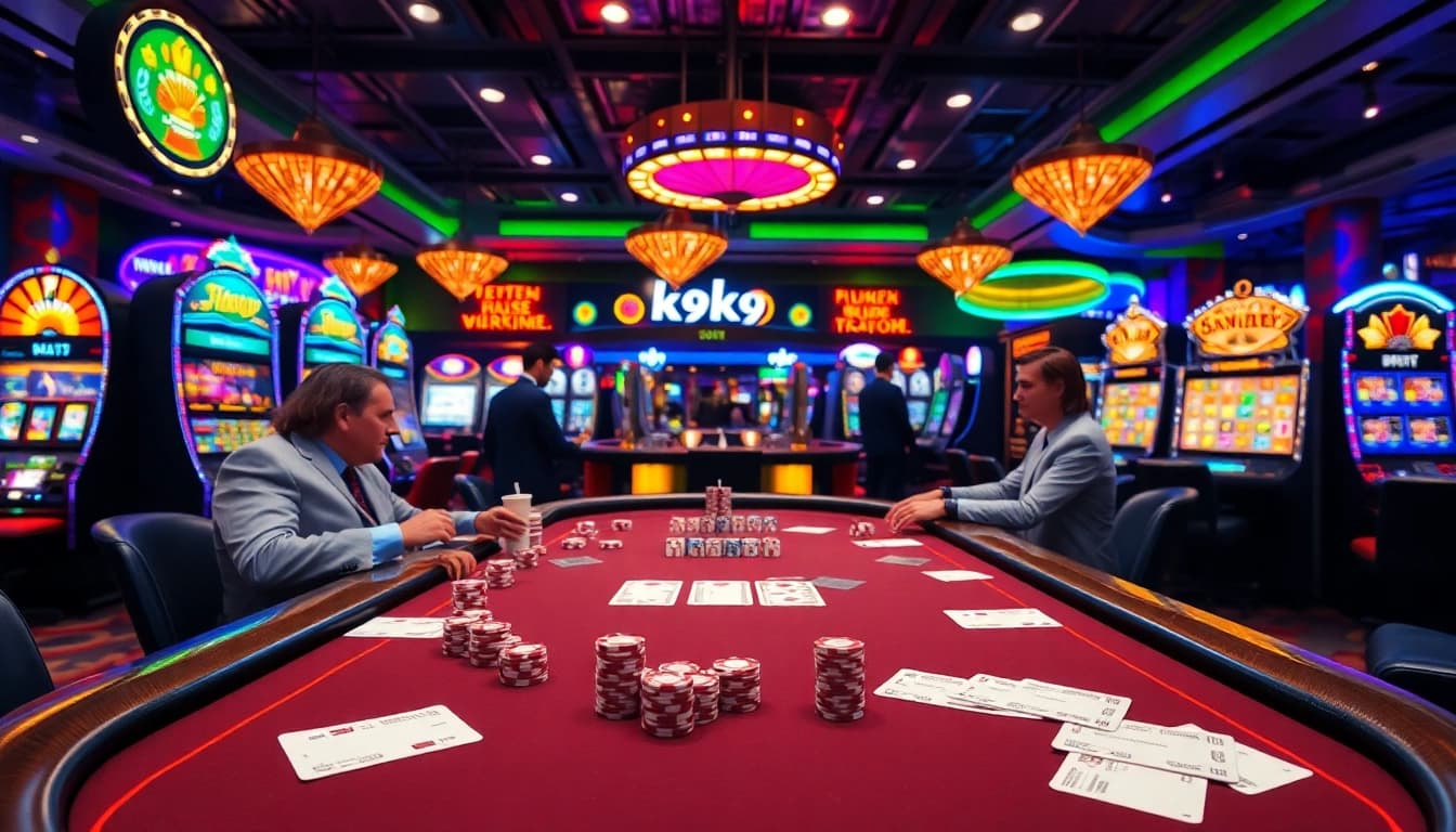 Experience the thrill of k9k9 at an exciting casino, featuring vibrant poker tables and slot machines.