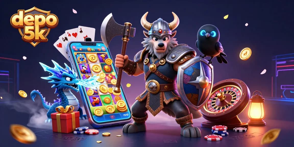 Engage in thrilling depo 5k slots as a Viking wolf warrior battles with icy dragon and raven, surrounded by vibrant casino elements.