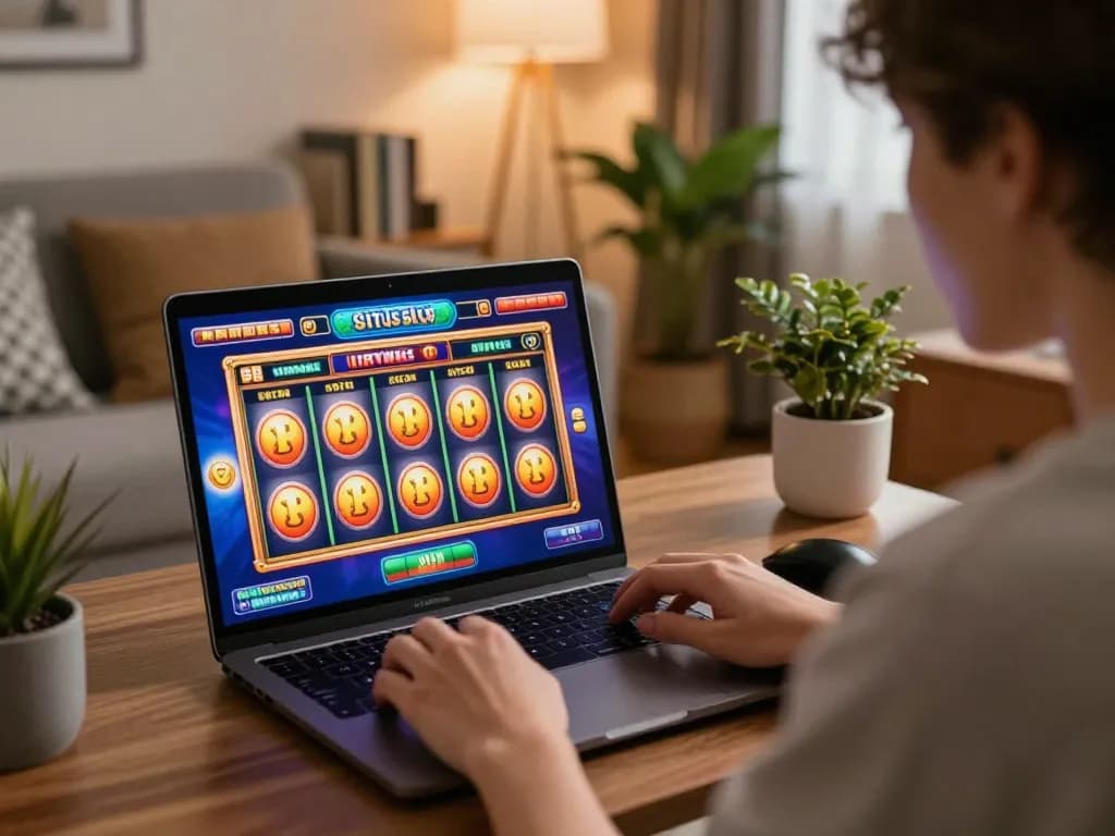 Engaging in situs slot gaming at home with laptop displaying vibrant slot machine graphics