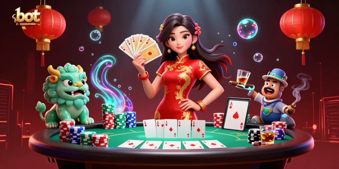 Engage with the bot spaceman in a colorful 3D casino scene full of poker excitement and dynamic elements.