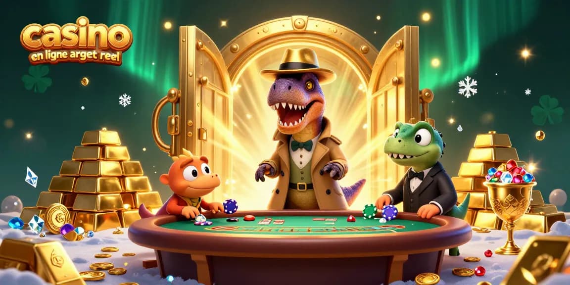 Un velociraptor au casino en ligne avec argent réel, entouré de trésors et de jeux de cartes.