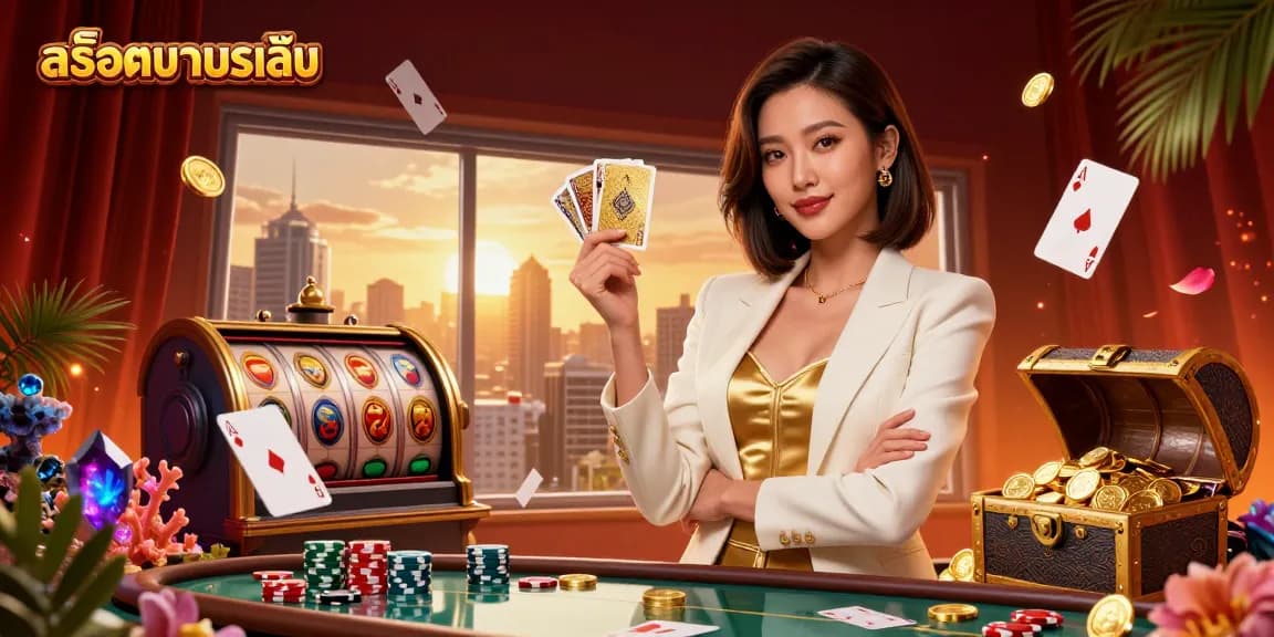 Experience the thrill of สล็อตทดลองเล่น with an elegant dealer showcasing exciting slot machines and casino elements.