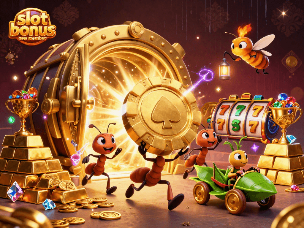 Engage with the thrilling slot bonus new member concept involving ants on a heist with golden poker chips.