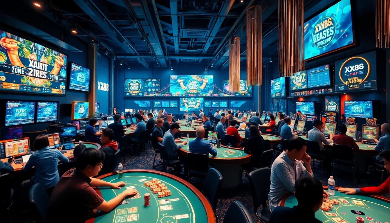 Engaging online gaming scene showcasing XX88's vibrant casino environment with players and digital displays.