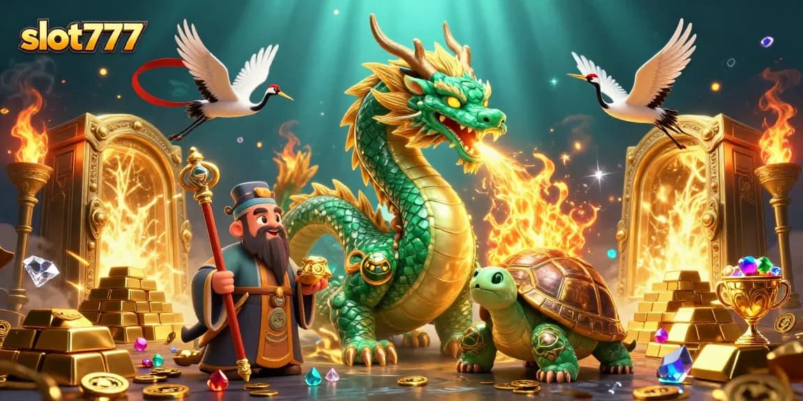 Temukan pengalaman bermain slot777 dengan ilustrasi menarik menampilkan naga, kura-kura, dan burung bangau.