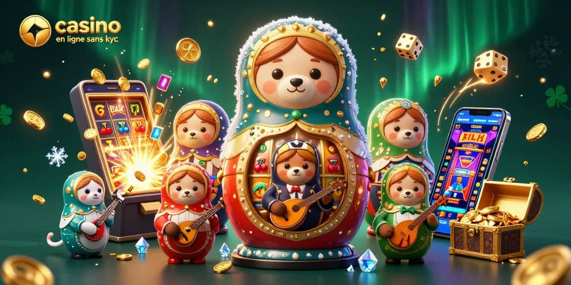 Illustrez vos gains dans un casino en ligne sans KYC avec un ours Matryoshka et des éléments de jackpot.